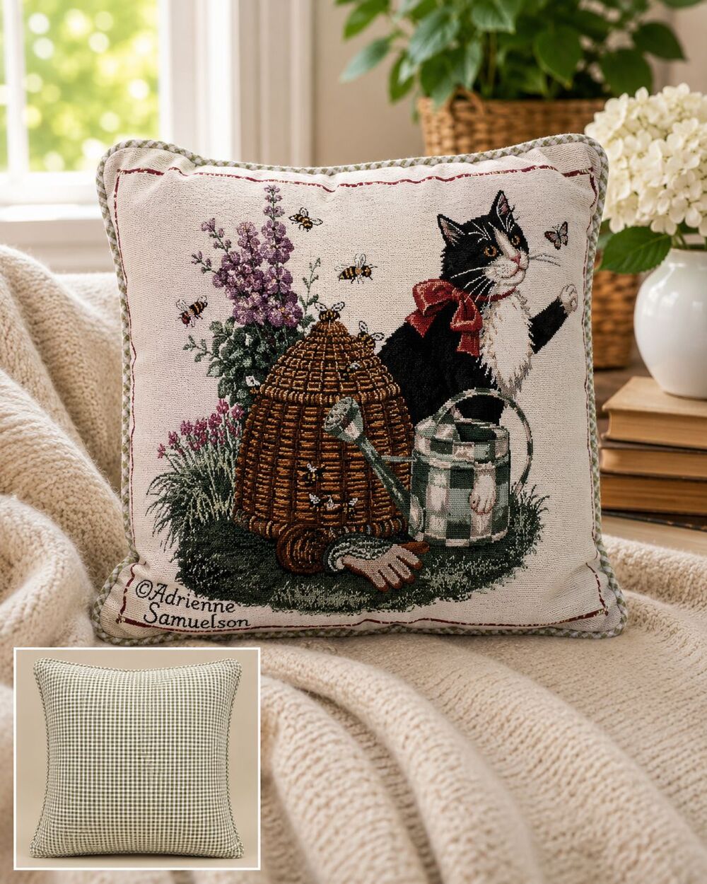 Adrienne Samuelson Embroidered Cat & Beehive Tapestry Throw Pillow 12" Vintage